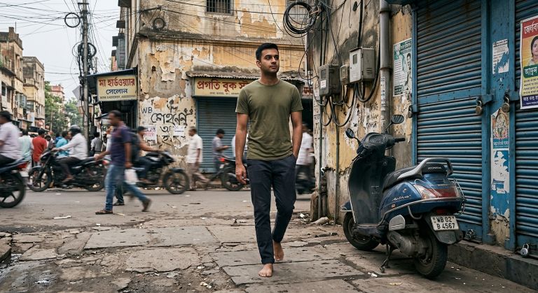 Young professional walking through a local market street exploring their new neighbourhood after relocating in India