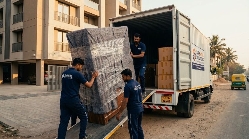 Packers and movers loading bubble-wrapped furniture and boxed goods into a covered truck for Ahmedabad to Agra long-distance house shifting