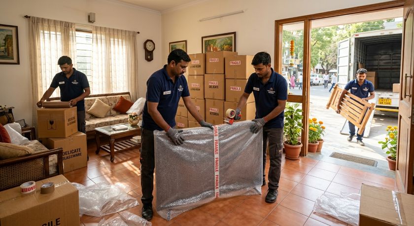 Professional packers and movers carefully wrapping household items including television and furniture for Ahmedabad to Bangalore house shifting