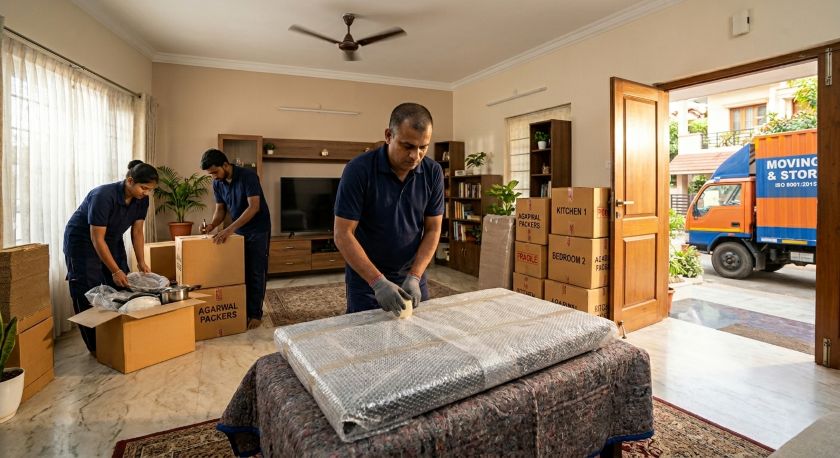 Professional packers carefully wrapping and boxing household furniture and appliances for Ahmedabad to Delhi long-distance house shifting