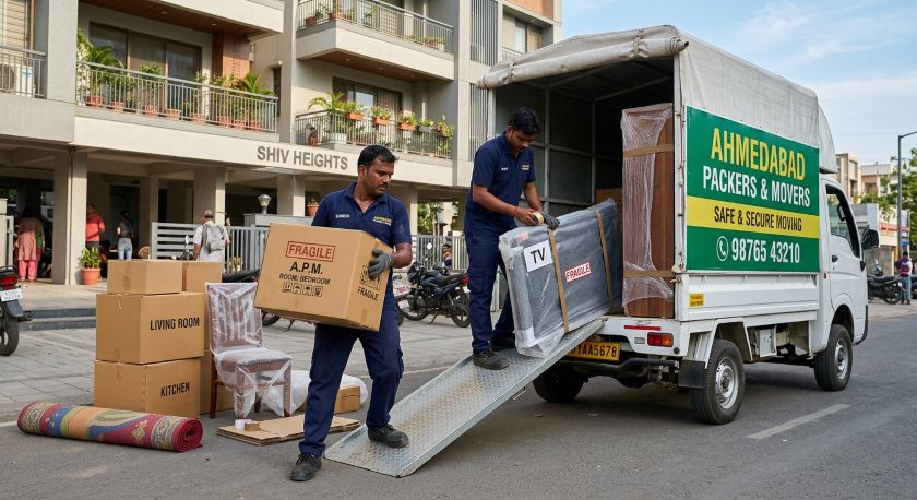 Packers and movers loading packed boxes and furniture into a mini truck for Ahmedabad to Gandhinagar house shifting