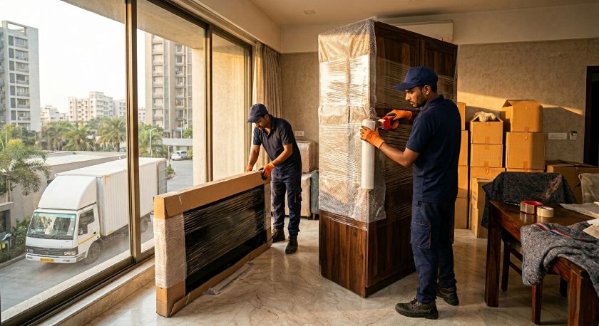 Professional packers and movers wrapping furniture and household appliances for Ahmedabad to Gurgaon house shifting