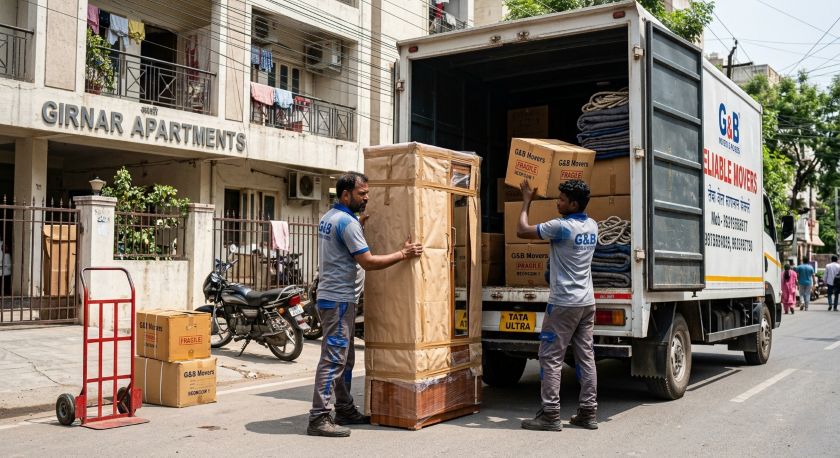 Professional movers carefully packing household goods including television and glassware for Ahmedabad to Hyderabad home relocation