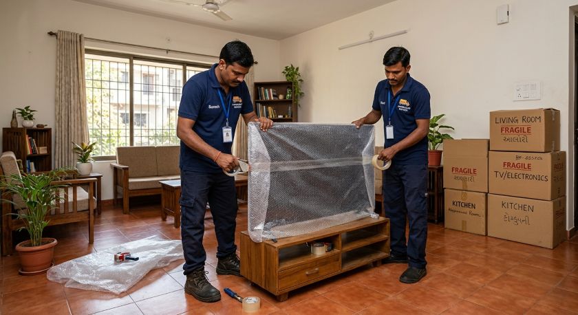 Professional packers carefully wrapping household items for long-distance Ahmedabad to Kolkata home shifting