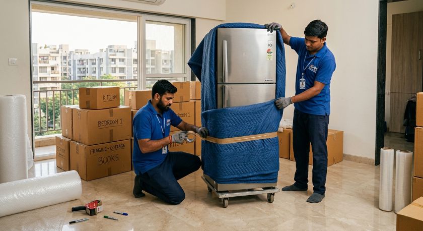 Professional packers and movers wrapping household furniture and appliances with protective materials at an Ahmedabad home for shifting to Mumbai