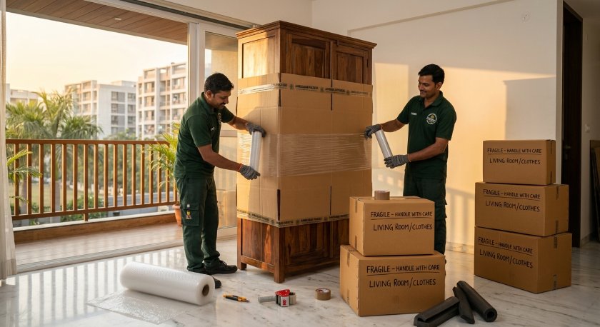 Professional packers and movers carefully wrapping and packing household furniture and goods for Ahmedabad to Noida long-distance house shifting