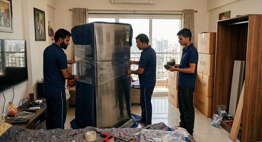 Verified packers and movers carefully wrapping and packing furniture and appliances at an Ahmedabad home for professional shifting to Pune