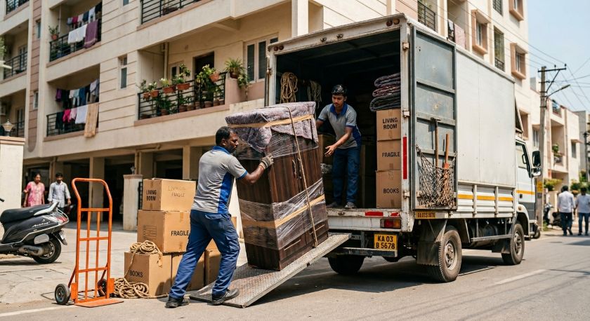 Packers and movers loading packed furniture and boxes into a truck for Ahmedabad to Vadodara house shifting