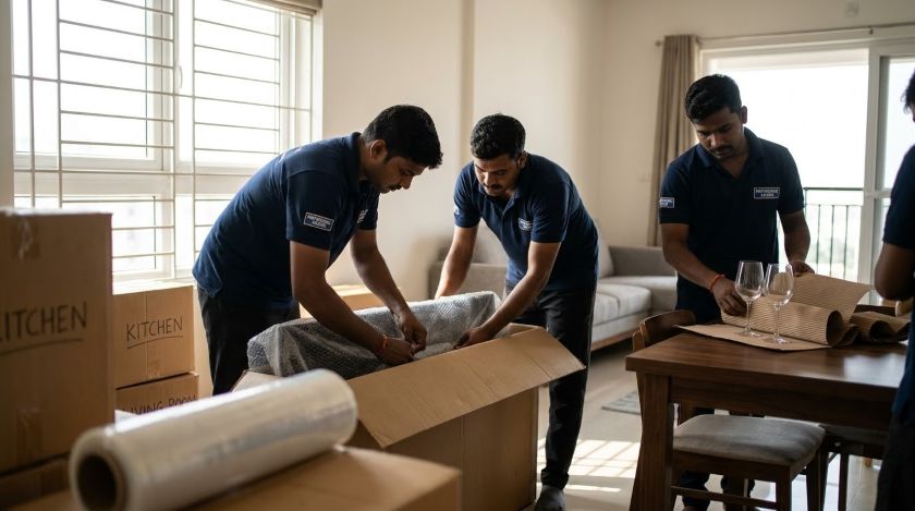 Packing crew wrapping furniture and electronics for a long-distance Bangalore to Agra household move