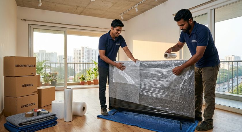 Professional packers and movers carefully wrapping and packing household furniture and appliances for Bangalore to Ahmedabad long-distance house shifting