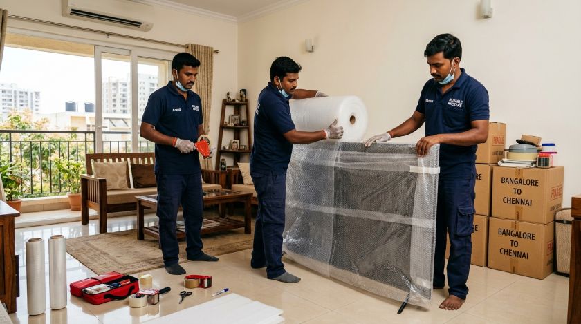 Verified packers and movers carefully wrapping and loading household goods and furniture from a Bangalore apartment for Chennai shifting
