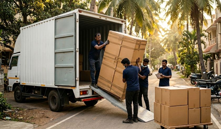 Verified packers and movers carefully wrapping and loading furniture for Bangalore to Delhi long-distance house shifting