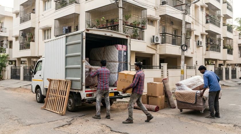 Professional packers and movers loading wrapped furniture and labelled boxes into a covered truck for Bangalore to Gandhinagar house shifting