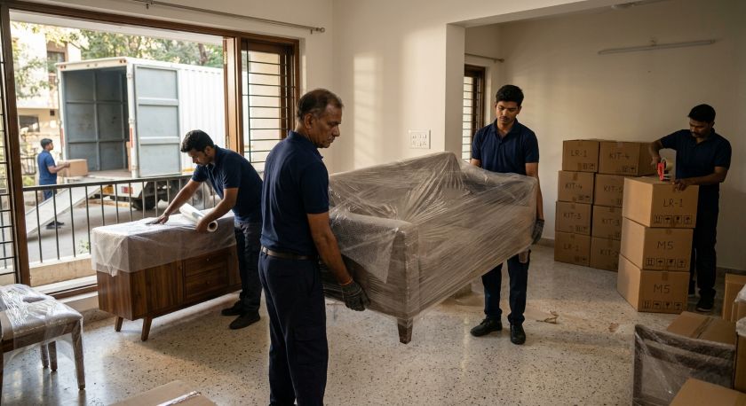 Professional packers in uniform wrapping and securing furniture and household goods onto a large truck for Bangalore to Gurgaon long-distance house shifting