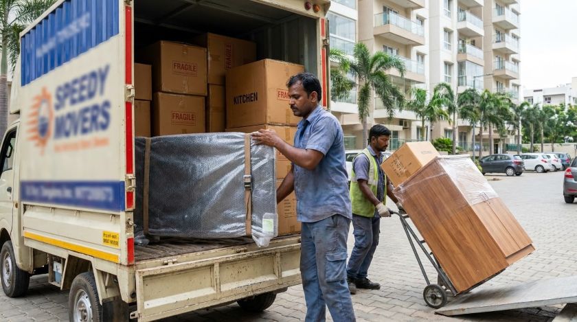 Professional packers and movers loading furniture and boxes onto a mini truck for Bangalore to Hosur house shifting