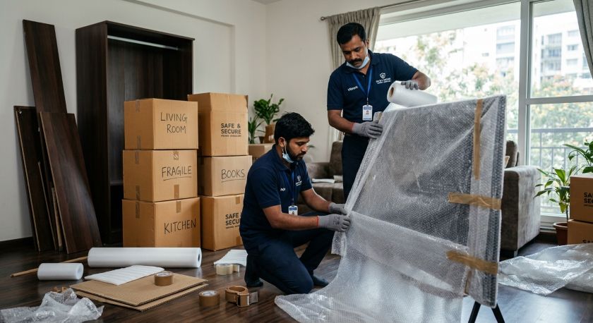 Trained movers carefully wrapping and packing household furniture and appliances for Bangalore to Hyderabad house shifting
