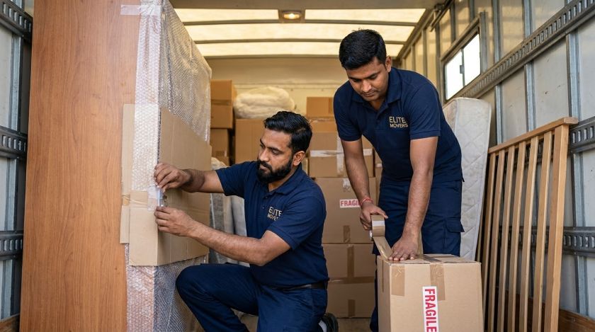 Packers and movers loading securely wrapped furniture and boxes into a truck for Bangalore to Jabalpur relocation