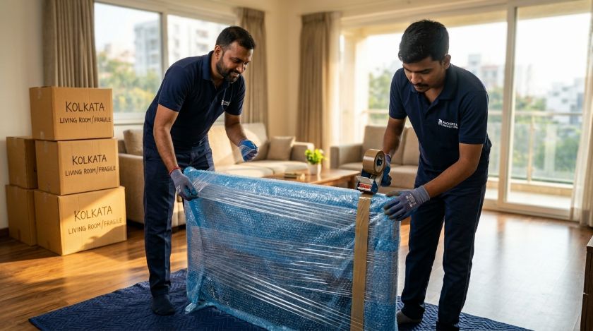 Professional packers and movers in Bangalore carefully wrapping furniture and household appliances for long-distance shifting to Kolkata