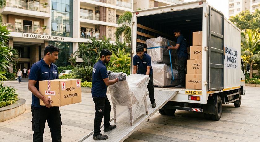 Experienced movers systematically packing and wrapping household furniture and appliances for Bangalore to Mumbai long-haul shifting