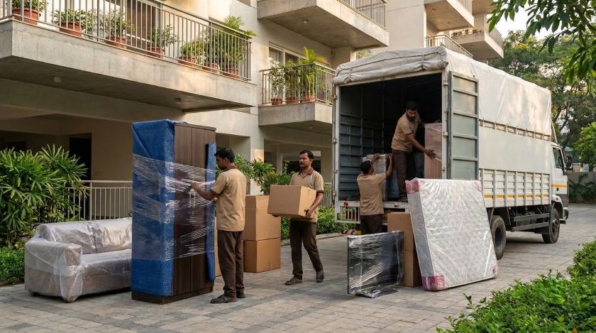 Professional packers and movers wrapping furniture and loading labelled cartons into a covered truck for Bangalore to Mysore house shifting