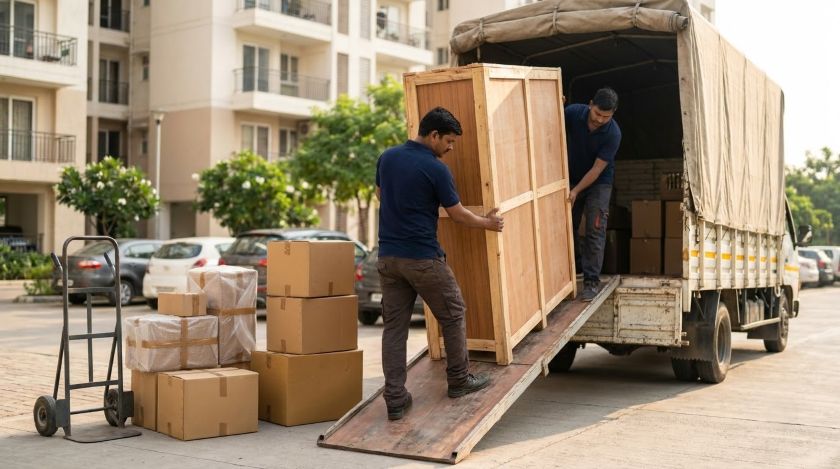 Packers and movers loading a covered truck with wooden-crated furniture for Bangalore to Navi Mumbai interstate house shifting