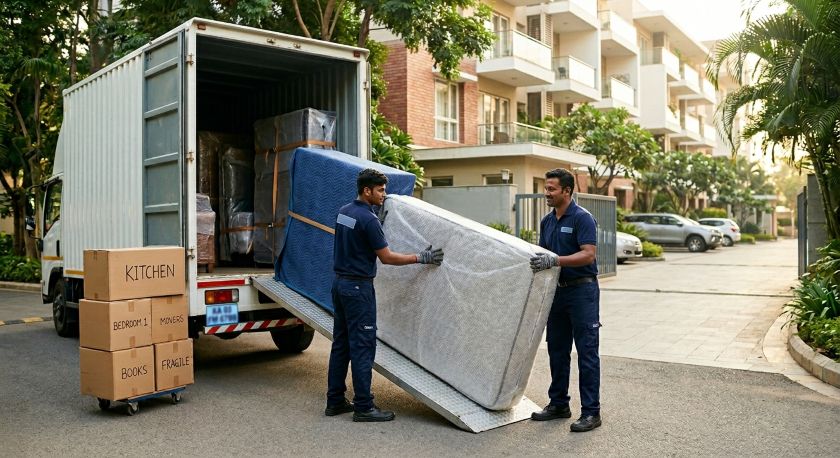 Experienced packing crew in Bangalore carefully wrapping furniture and boxing household items for long-distance shifting to Noida