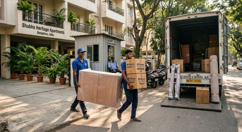 Trained movers loading wrapped furniture and labeled cartons onto a truck for a Bangalore to Pune house relocation