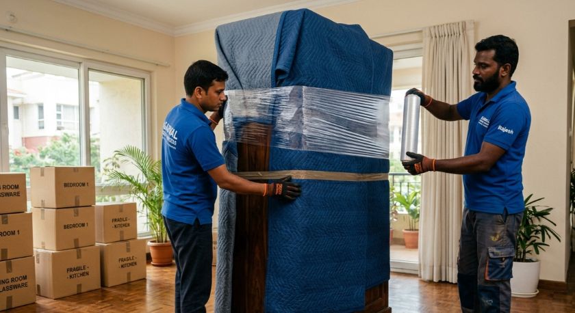 Professional movers carefully wrapping and packing household furniture and appliances for a long-distance home relocation from Bangalore to Vadodara