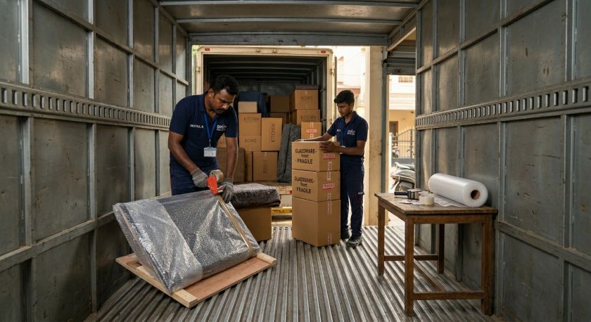 Professional packers and movers securing furniture and appliances for Chennai to Ahmedabad long-distance house shifting