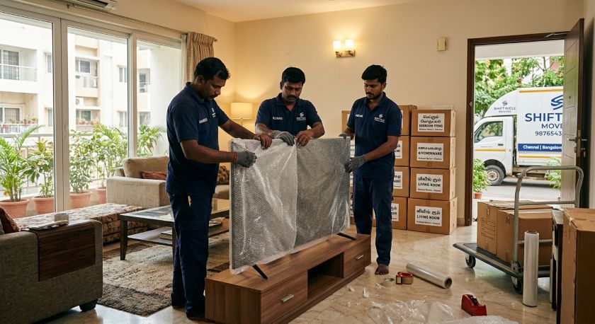 Professional movers carefully wrapping and packing household furniture and appliances for Chennai to Bangalore relocation