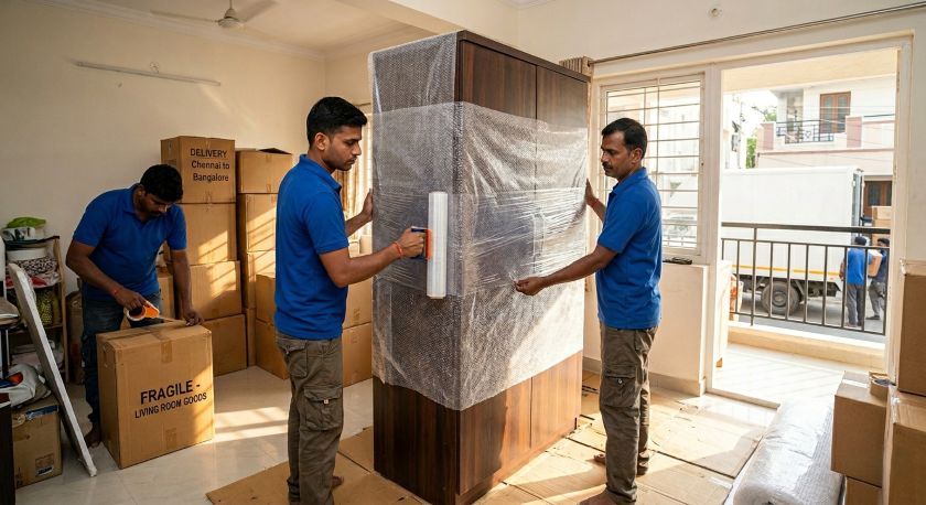 Professional packers and movers in Chennai carefully wrapping furniture and packing household goods for a long-distance relocation to Delhi