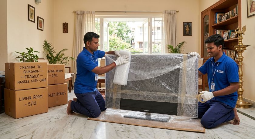 Professional movers in blue uniforms carefully wrapping household goods and electronics for long-distance Chennai to Gurgaon home relocation