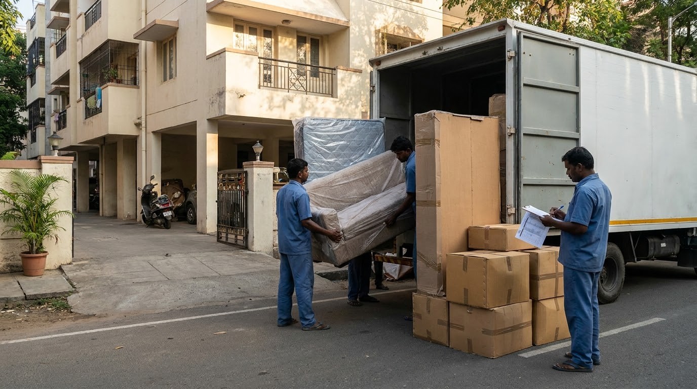 Movers carefully loading bubble-wrapped furniture and sealed cartons into a covered truck parked outside a Chennai apartment building for a same-day Hosur delivery