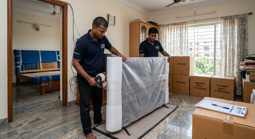 Trained packing crew carefully wrapping household furniture and boxing appliances for Chennai to Hyderabad house shifting