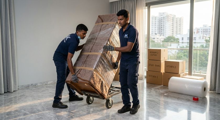 Professional movers carefully packing furniture and household goods for Chennai to Kolkata long-distance home shifting
