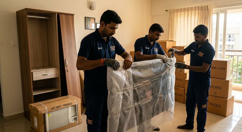 Professional movers carefully wrapping and packing household furniture and appliances for a long-distance Chennai to Mumbai home relocation