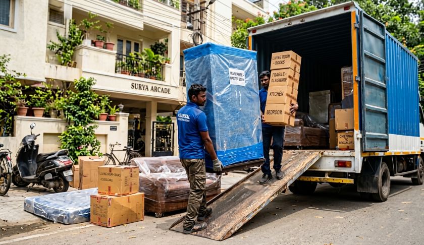 Movers wrapping electronics and furniture securely for a Chennai to Pune household relocation
