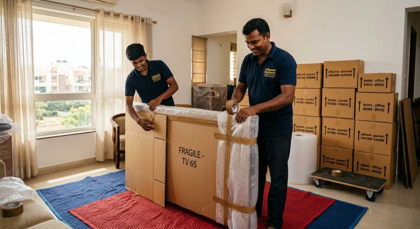 Professional relocation crew carefully wrapping and packing household furniture and electronics for long-distance Chennai to Vadodara shifting