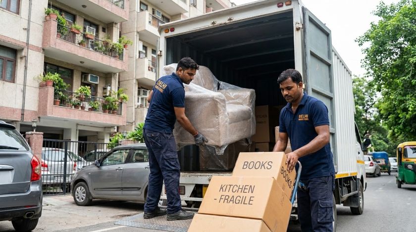 Packers and movers team loading a truck with wrapped furniture and boxes for Delhi to Agra house shifting