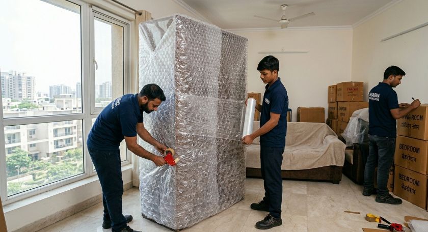 Professional packers and movers wrapping furniture and loading household goods in a Delhi apartment for relocation to Ahmedabad