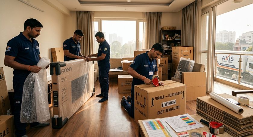 Professional packing crew wrapping and securing furniture and appliances for a long-distance Delhi to Bangalore household relocation