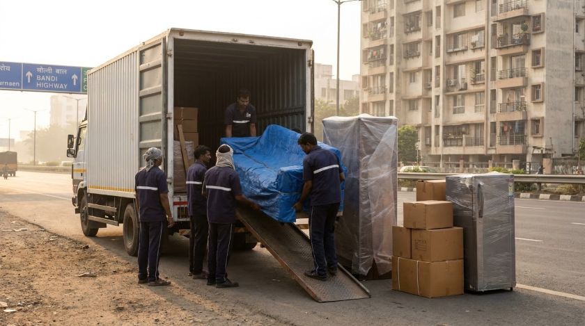 Packers and movers loading a covered truck with wrapped furniture and boxes for a Delhi to Bhopal interstate house shift