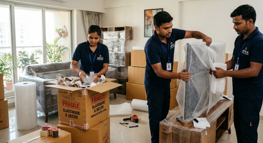 Professional packers and movers carefully wrapping furniture and electronics for Delhi to Chennai house shifting