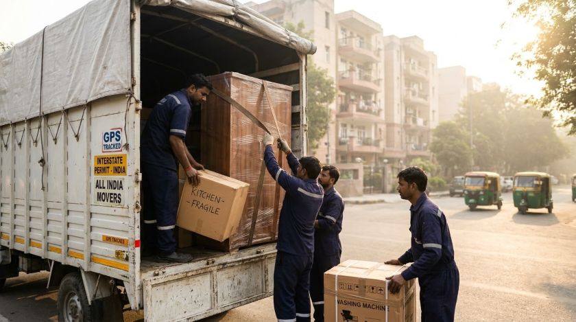 Packers and movers wrapping furniture and loading boxes onto a covered truck for a Delhi to Gandhinagar house shifting move