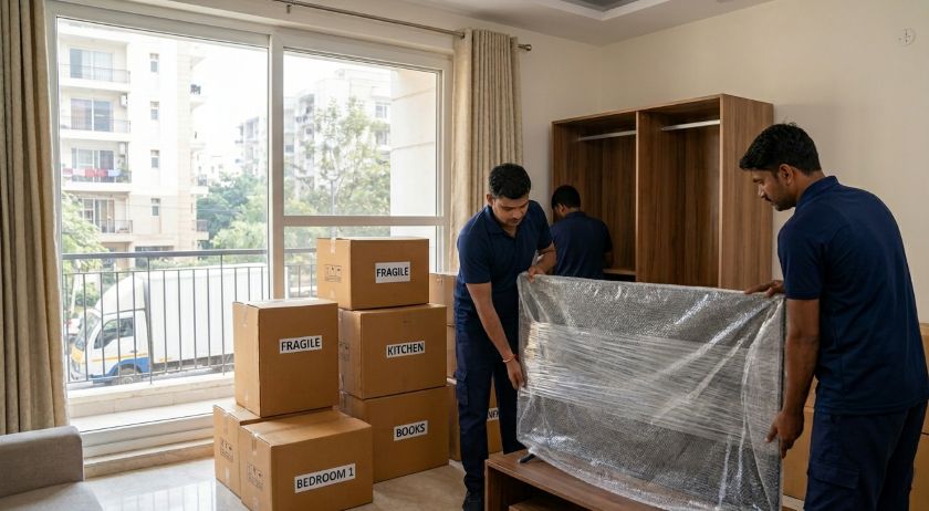 Professional movers carefully packing and wrapping household items including electronics and furniture for Delhi to Gurgaon home shifting