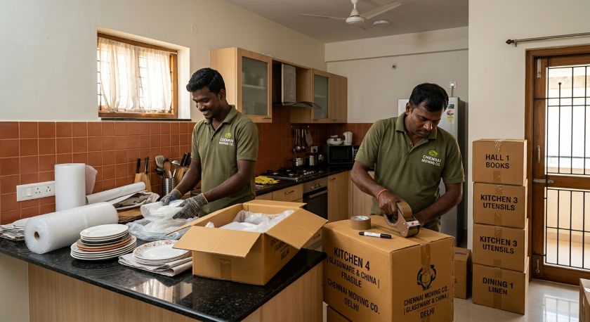 Trained movers wrapping furniture and electronics securely for a Delhi to Hyderabad household relocation