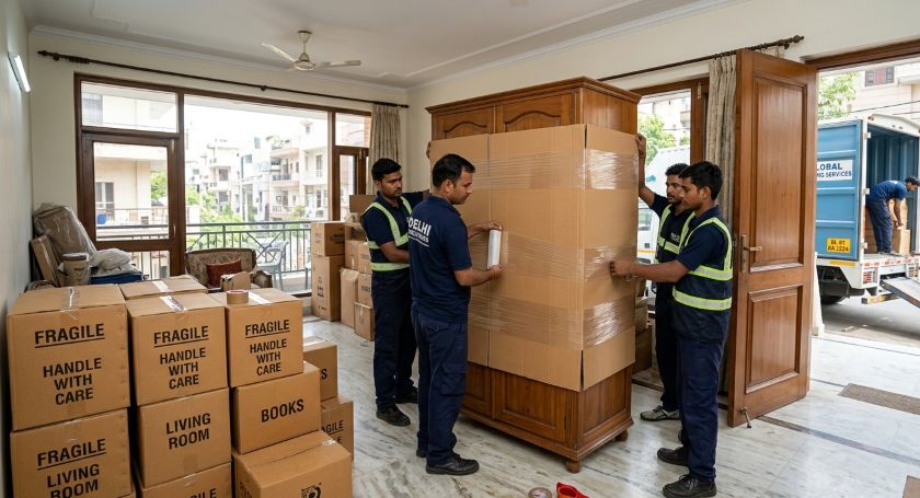 Professional moving crew carefully wrapping and boxing household furniture and appliances for a long-distance Delhi to Kolkata relocation