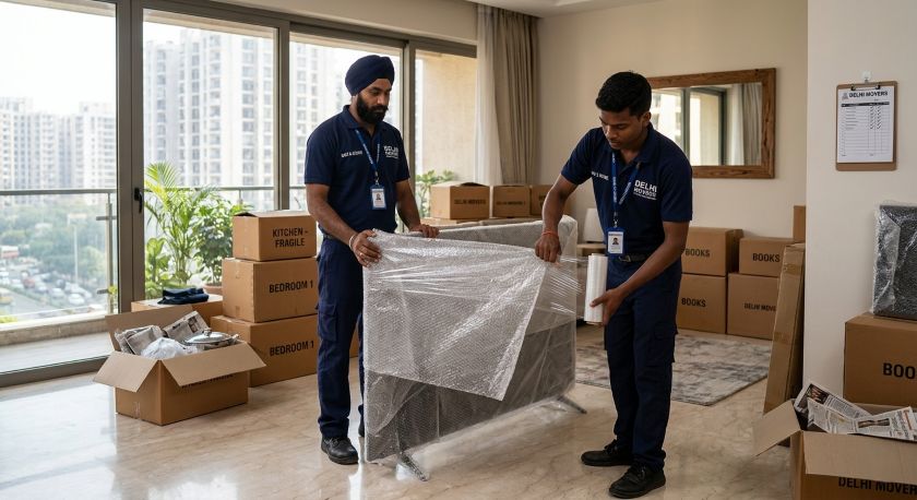 Professional movers carefully wrapping household electronics and furniture with protective packing materials for Delhi to Mumbai long-distance relocation
