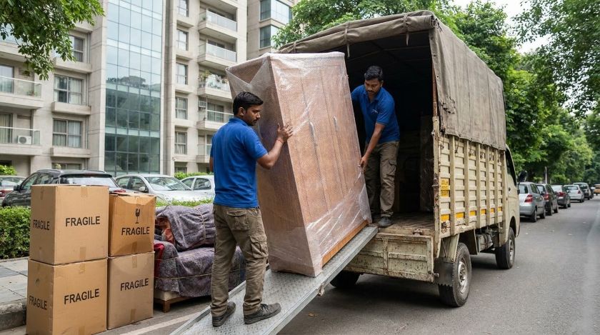 Packers and movers loading a covered container truck with wrapped furniture for Delhi to Navi Mumbai relocation