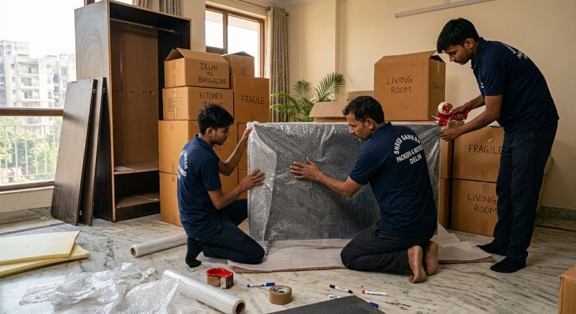 Skilled packers and movers wrapping furniture and stacking labeled carton boxes for a Delhi to Pune long-distance household relocation